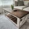 Farmstyle coffee table with beige couch and plant on top