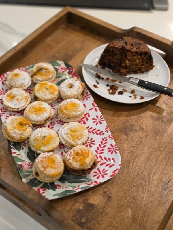 Serving tray with food Birch wood serving tray with dark walnut stain with minced pies and Christmas cake on it